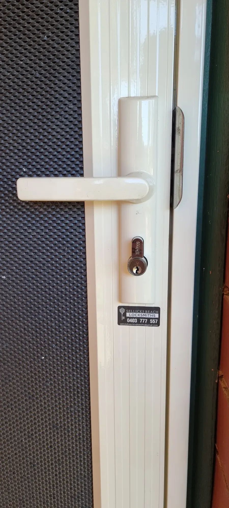 A deadlock on a security screen door