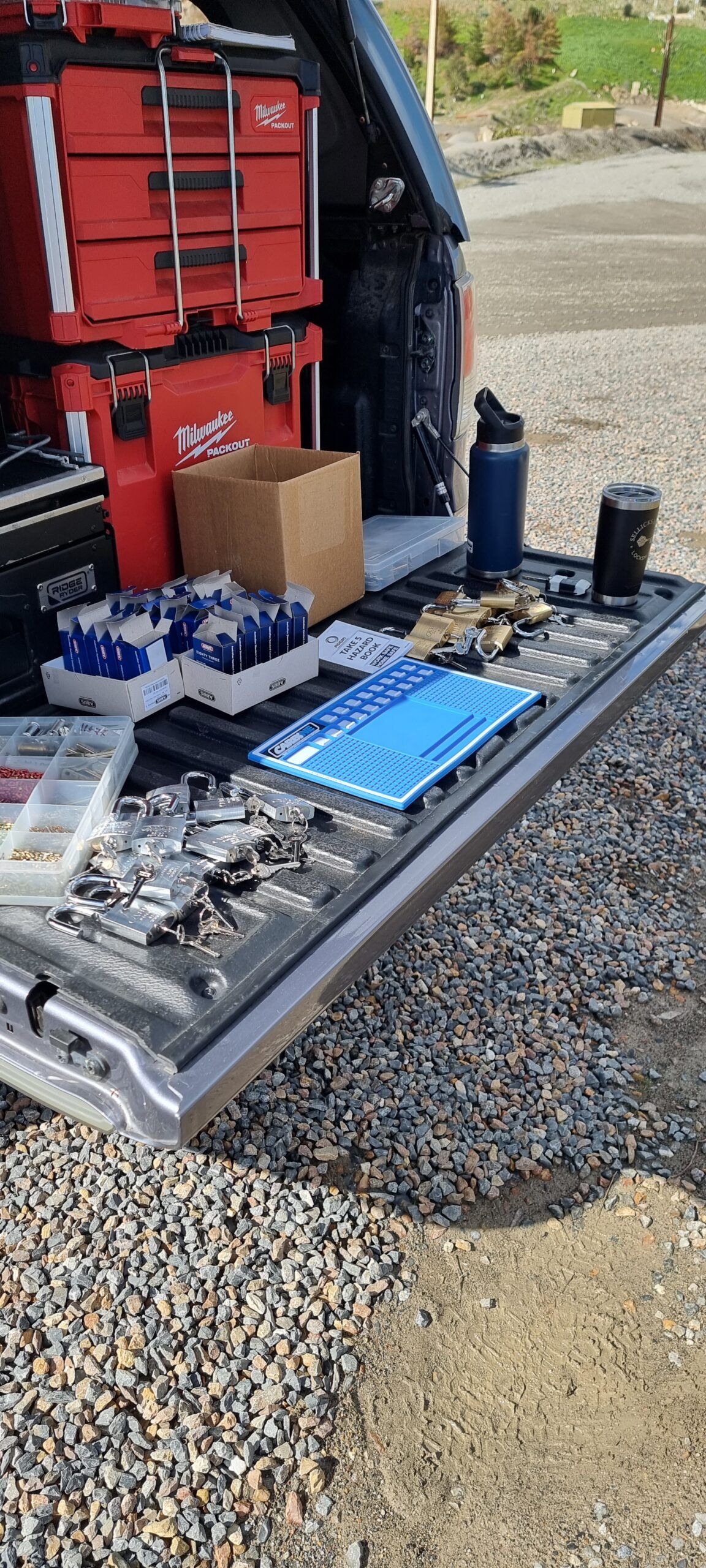 Trays of keys and hardware in the mobile workshop