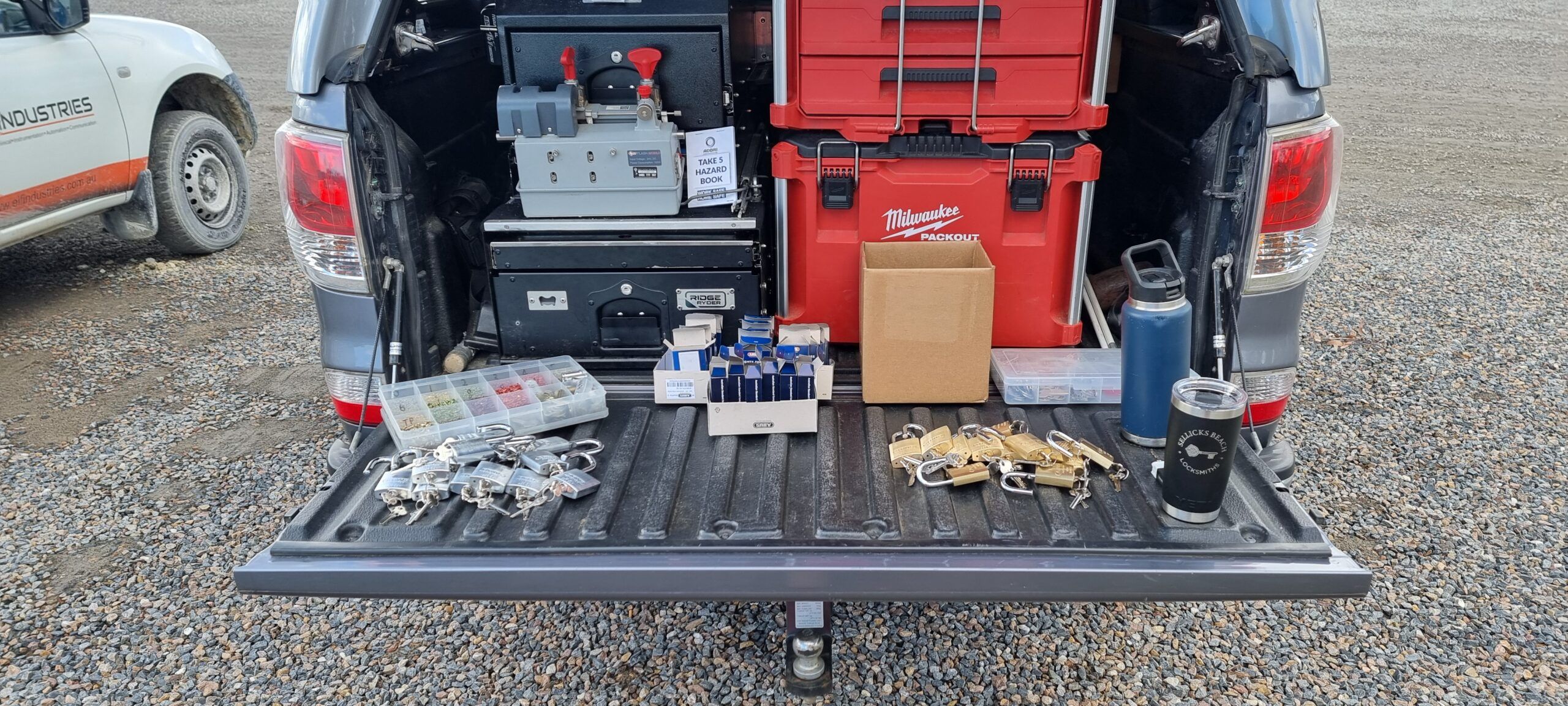 The mobile workshop stocked with tools and hardware